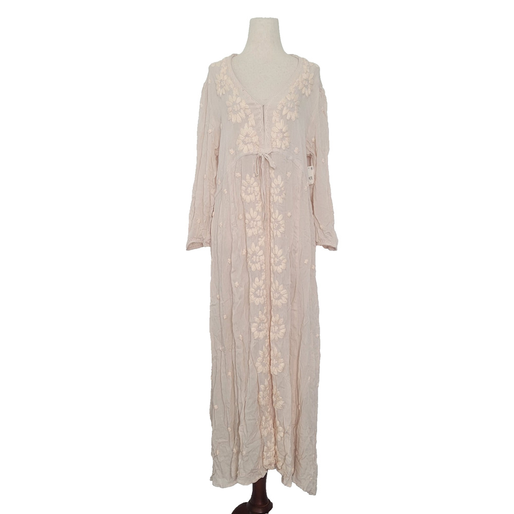 Free People Embroidered Fable Midi Dress Sz XL Blush Pink Boho Cottage Peasant